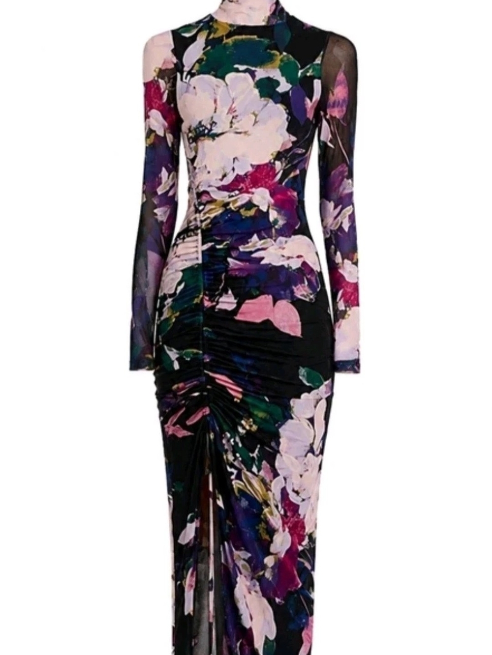 NEW Aqua Black Floral Ruched High-Neck Long Sleeve Maxi Dress M